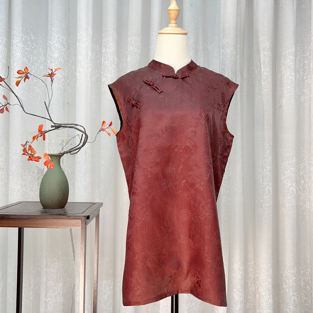 100桑蚕丝红云纱短款旗袍奥黛