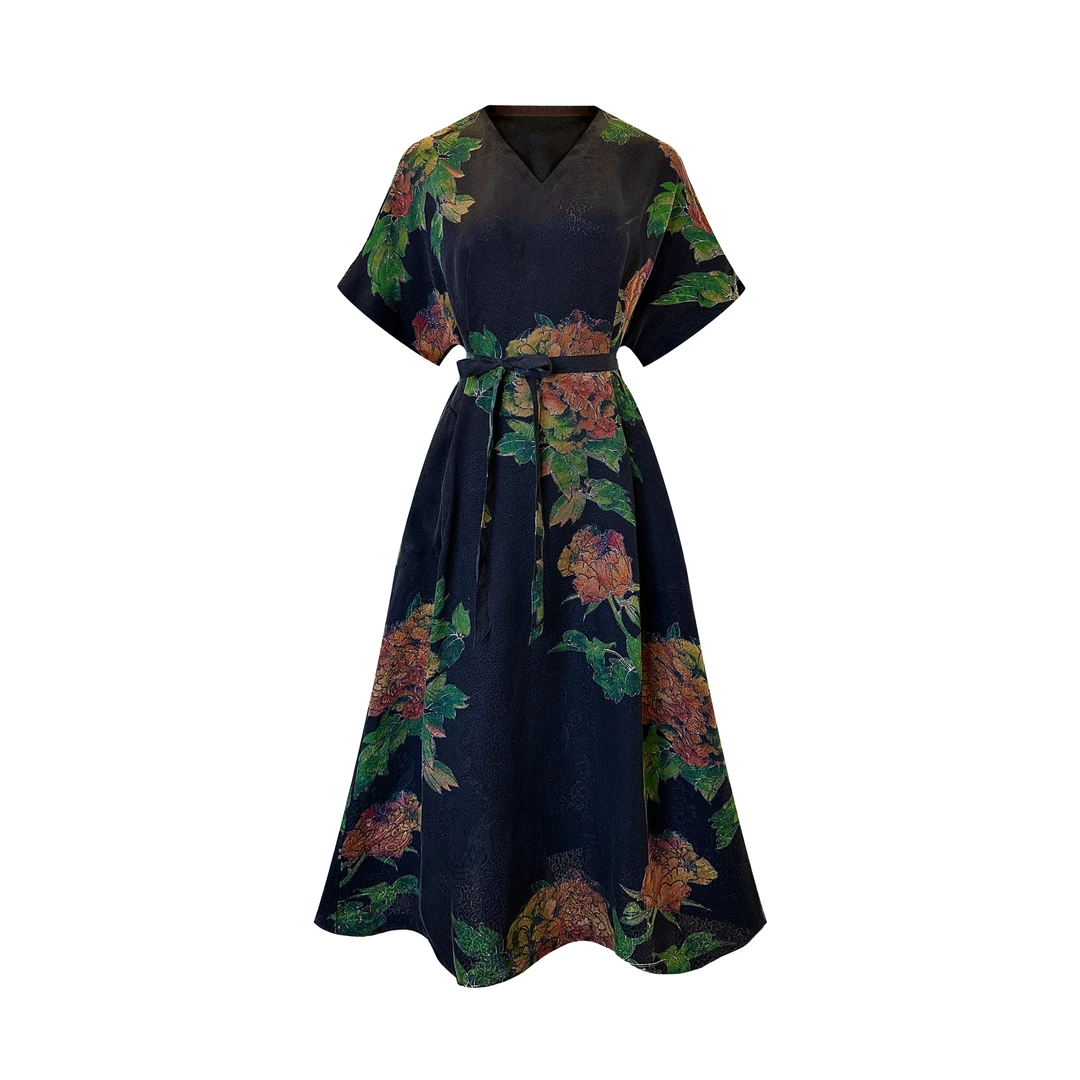 宛宛高定 2025SS |若音| 新中式牡丹香云纱双面双穿连衣裙85098