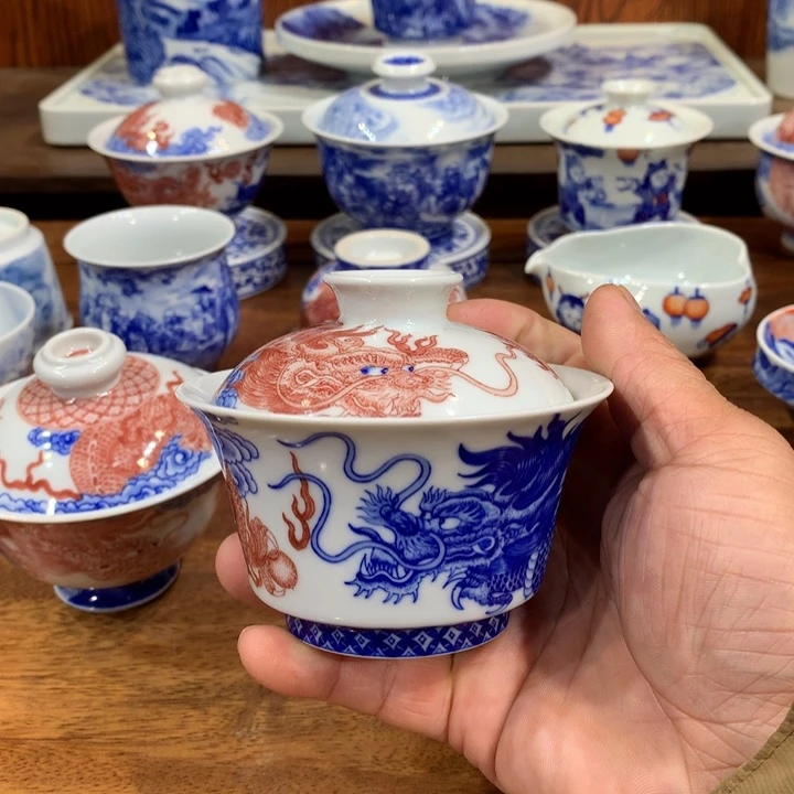 自成堂柴窑青花双龙盖碗