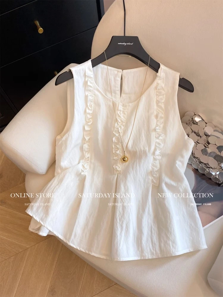 2025年夏季新款白色设计感花边无袖T恤女高级感百搭减龄显瘦上衣