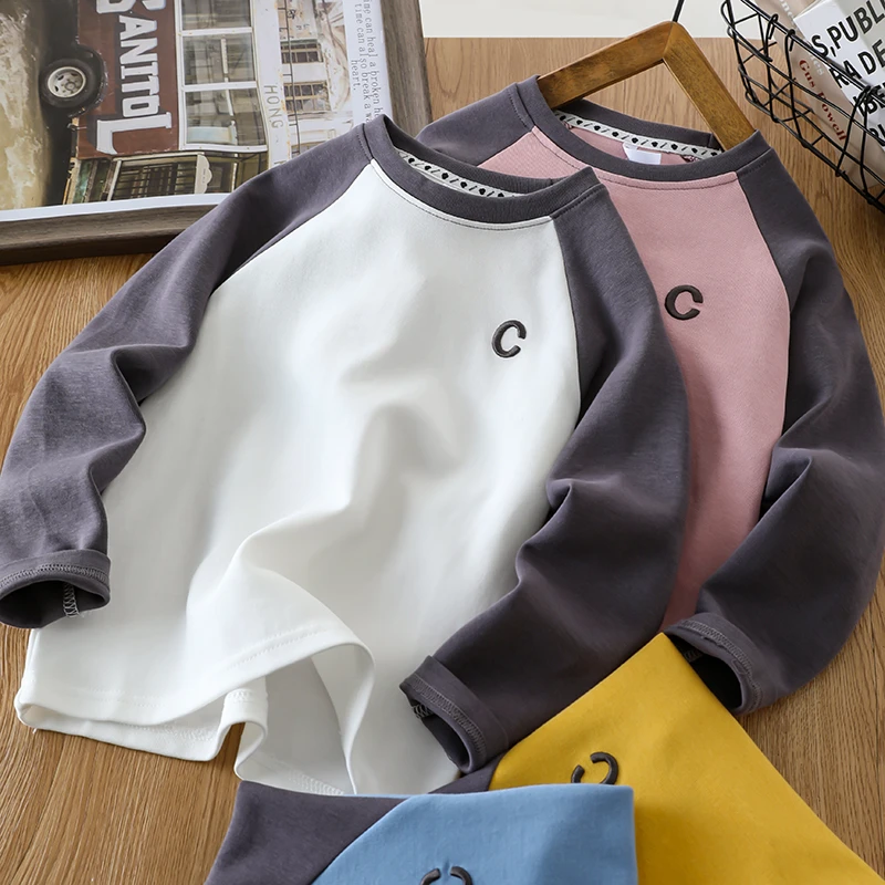 2025春装新款男童长袖t恤儿童拼色打底衫中大童酷帅圆领上衣春秋