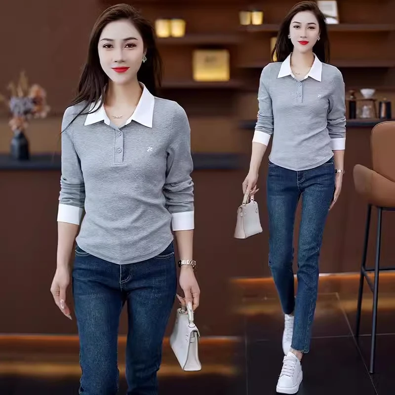 时尚翻领长袖T恤女2025春季新款洋气休闲透气显瘦简约百搭上衣潮