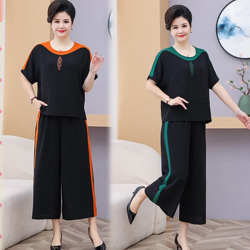 宽松减龄时尚套装夏季大码圆领夏装中老年女装两件套妈妈宽松显瘦