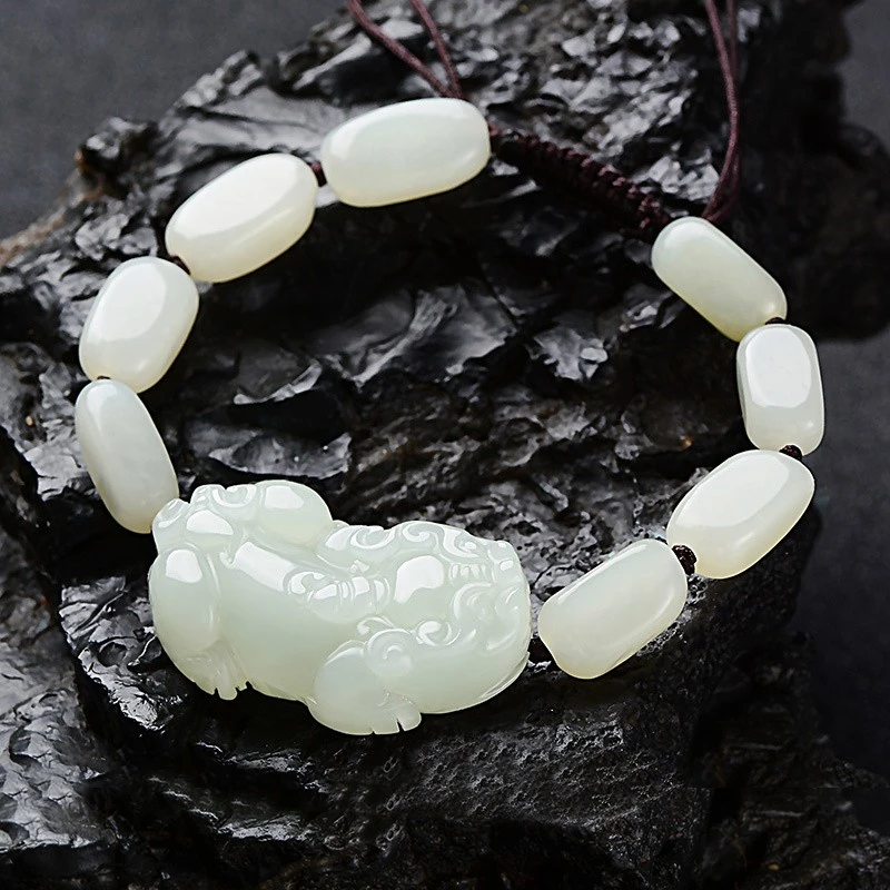保真新疆和田玉白玉貔貅上等新款男女士手链招财貔貅侣皮丘手串链