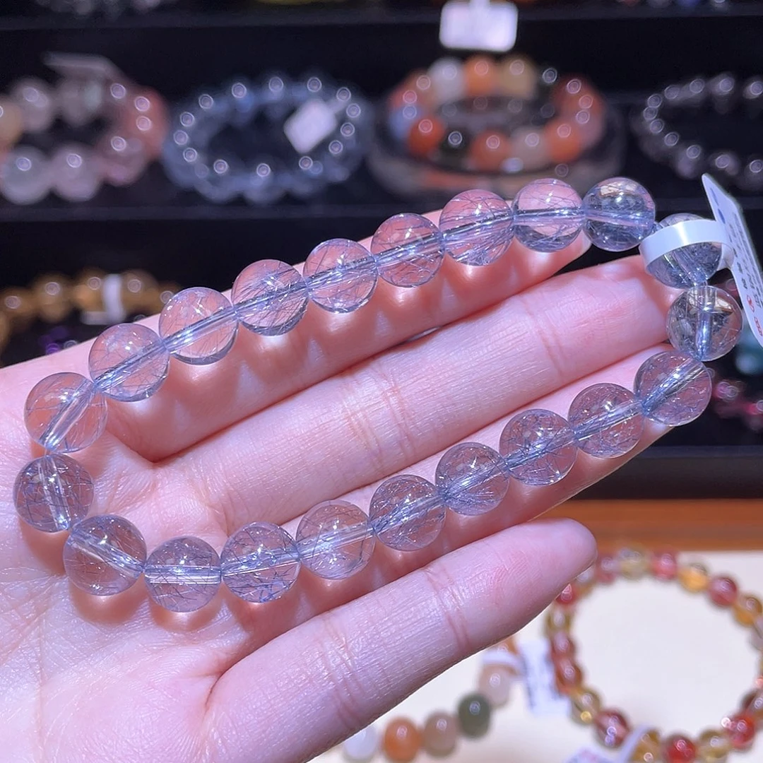 水晶手链未镶嵌蓝钢丝手链，晶体通透9+