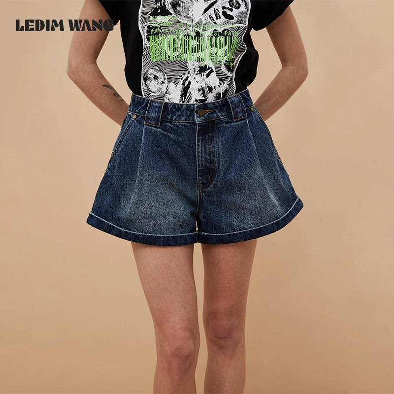 ledim wang摆翻边牛仔短裤女金属扣小众设计百搭显瘦复古牛仔裤