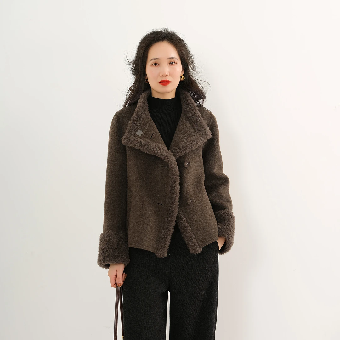 EKNR100%羊毛纯毛一体加厚双面呢大衣正肩短款百搭气质拼接短外套