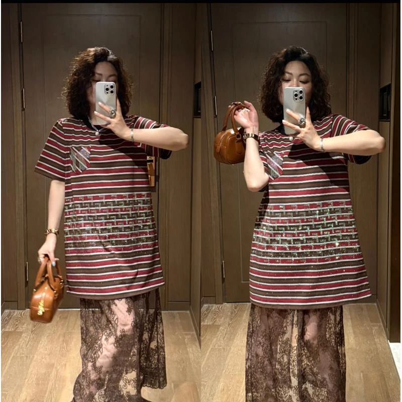 YDFSTUDIO小众【夏日光影】欧货高品烫钻条纹设计T裙+半身裙套装