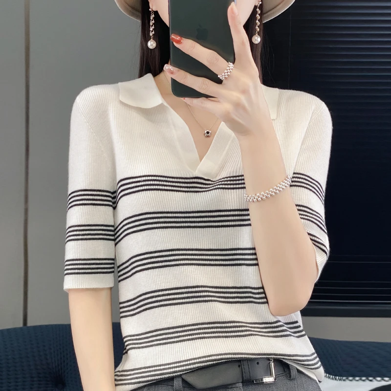 哥弟阿玛施正品棉+桑蚕丝条纹拼色短袖女夏季薄款翻领套头中袖女