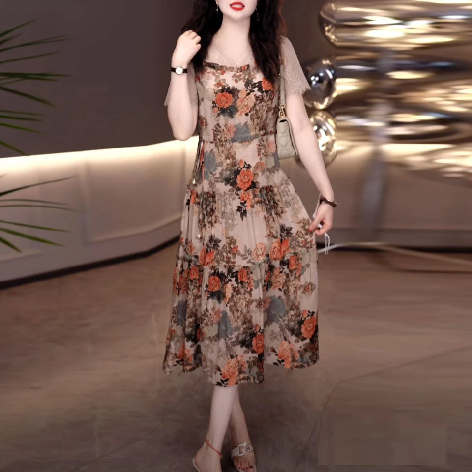 云锦丝洋气优雅碎花礼服裙2025夏季新款修身显瘦中长款时尚连衣裙