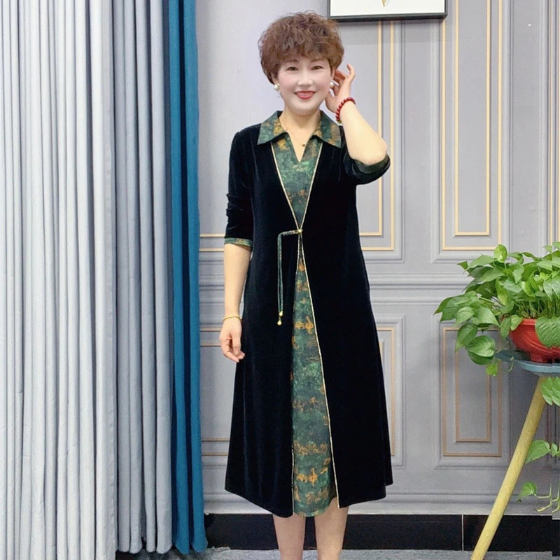 新款春装高贵妈妈假两件显瘦遮肉大码时尚洋气中老年女装连衣裙