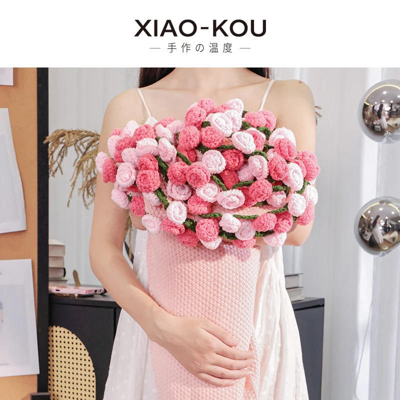 成品粉色毯渐变手工钩织玫瑰花束毯子送礼物午睡毯披肩毯节日礼物