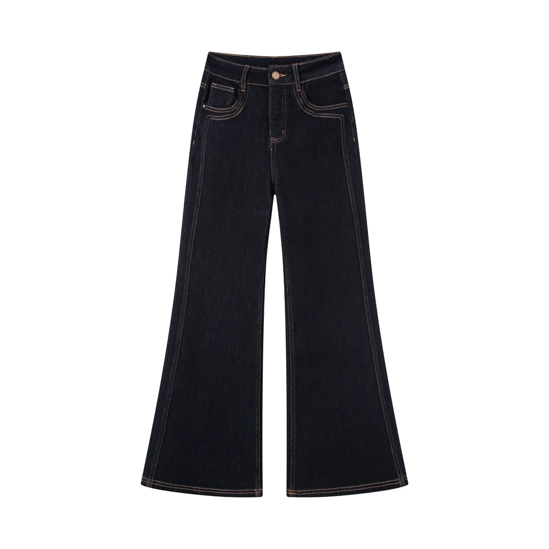 【MILAKA】秋冬植绒直筒裤新款气质显瘦高腰修身百搭加绒微喇牛仔裤