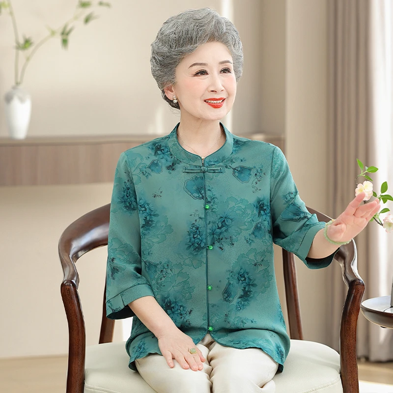 奶奶装七分袖衬衫中老年人气质妈妈装衬衣6070春夏薄款中国风衣服
