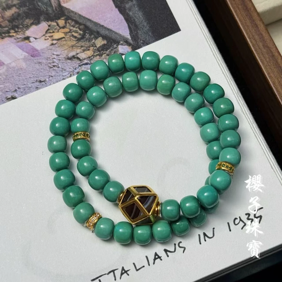 樱子 | 静姝 18K金高瓷绿松老型缠丝古珠时尚双圈手串*YZLSS3535