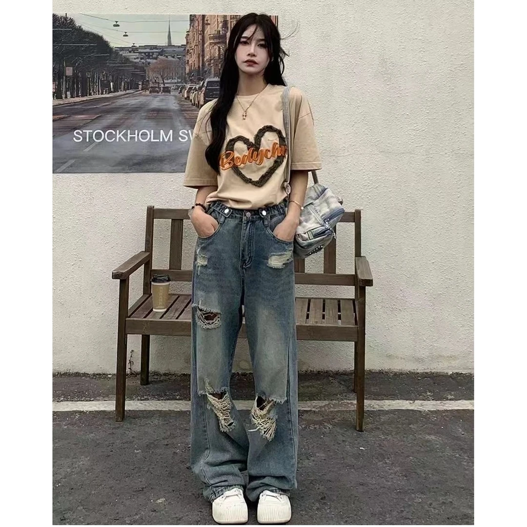 破洞牛仔裤女夏季新款高腰宽松显瘦2025春夏直筒阔腿拖地裤子长裤