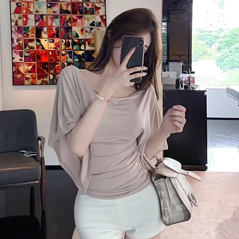 美神降临~韩女修身荡领喇叭袖T恤女紧身显瘦设计感别致百搭小上衣