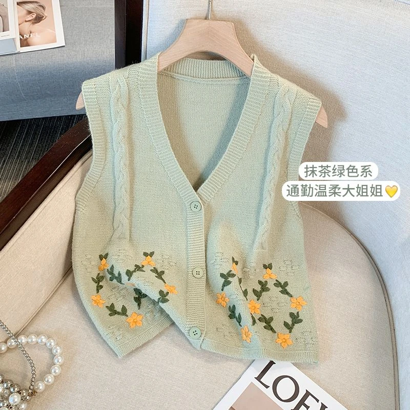 绣花V领单排扣无袖针织马甲女早秋新款韩版复古百搭外穿毛衣开衫