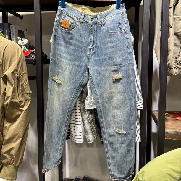 夏季水洗破洞复古牛仔裤九分裤男装8806