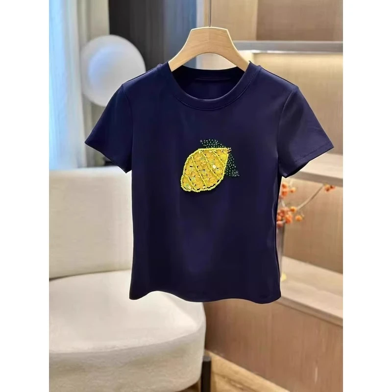 芯娇晴重工钉珠亮片藏蓝色圆领短袖T恤女装夏季2025新款修身上衣