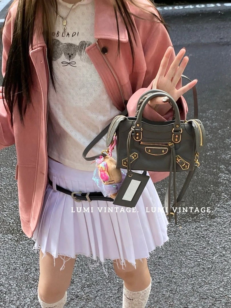 95新 Balenciaga/巴黎世家 灰色羊皮金扣nano机车单肩包97168157