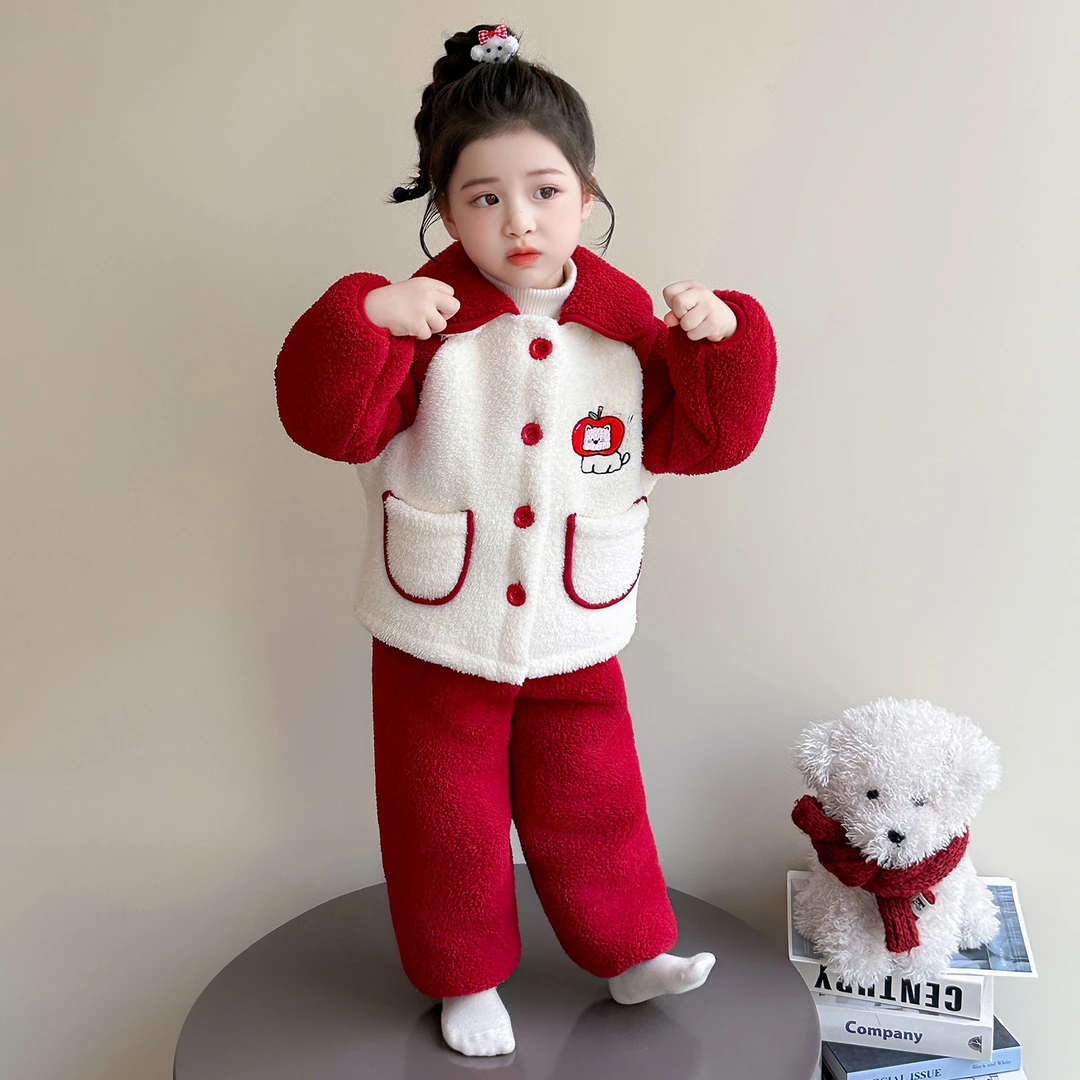 女童珊瑚绒睡衣儿童冬款开衫家居服加绒加厚保暖套装宝宝冬季女孩