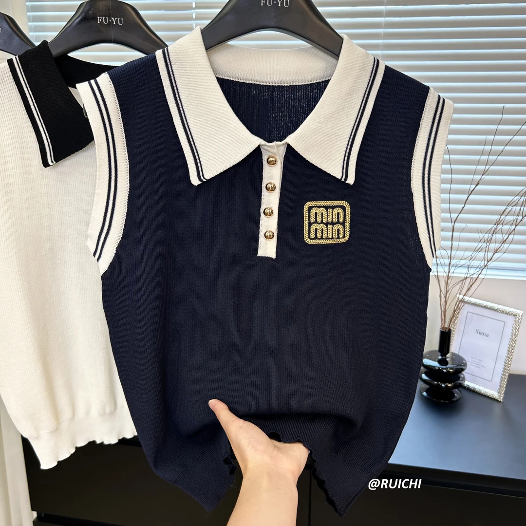 2025夏季韩版POLO领条纹字母刺绣金属扣设计无袖高级感薄款针织衫
