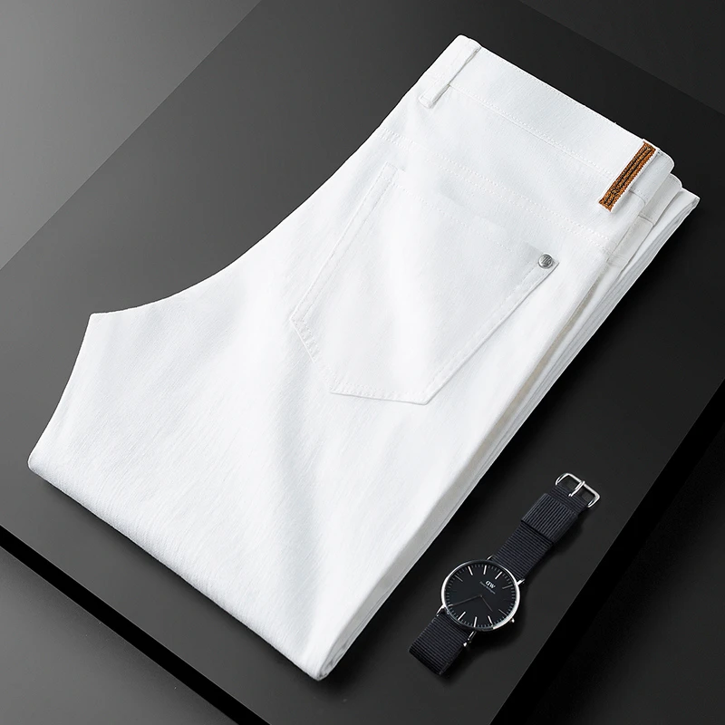 2025新款夏季薄款弹力新疆棉白色休闲裤男修身小直筒牛仔裤子男士