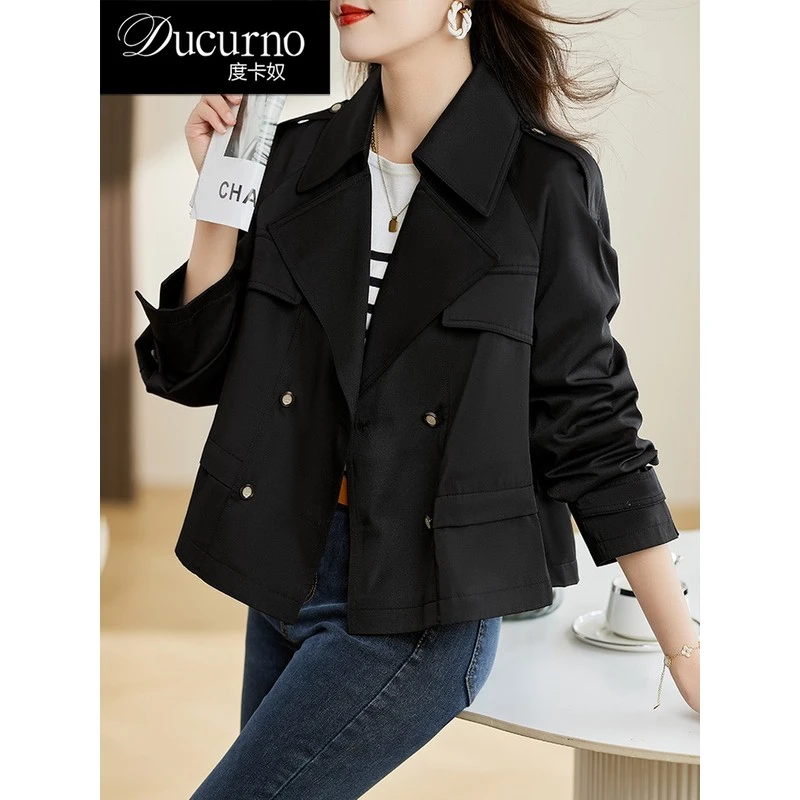 黑色短款风衣外套女2025春秋季新款小个子高级感韩系风格显瘦上衣