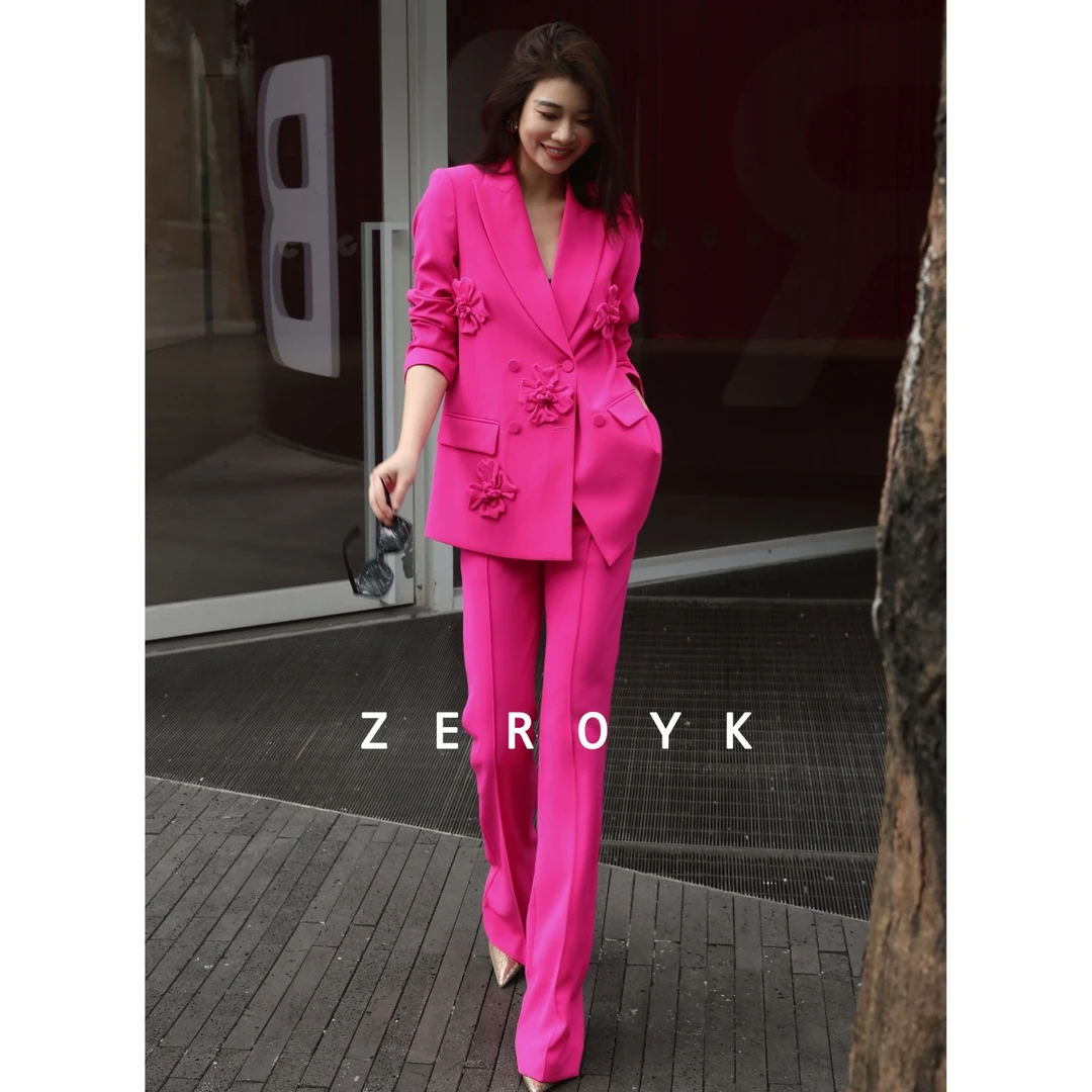 ZEROYK翎蔻 气质通勤花朵西装长裤套装高级感美业穿搭轻奢两件套