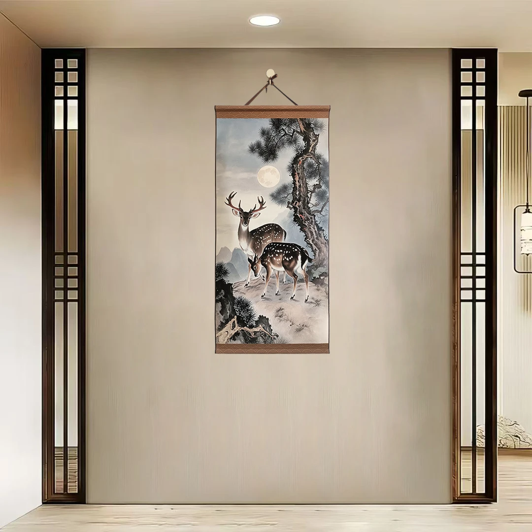 {40-738双鹿图}}净尺寸40x85cm现代百搭简约挂轴装饰画
