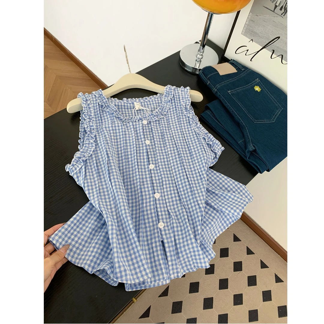 韩系气质高级感蓝色格子无袖背心衬衫女荷叶边圆领无袖上衣潮气质
