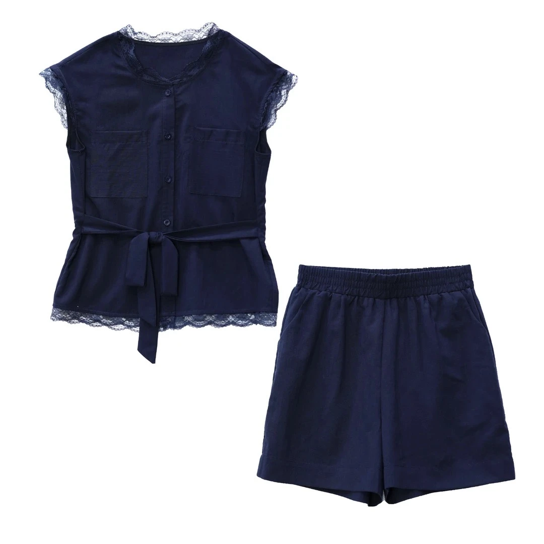 〈纪朵研〉1089无袖套装轻奢高级感大方得体蕾丝拼接短裤两件套