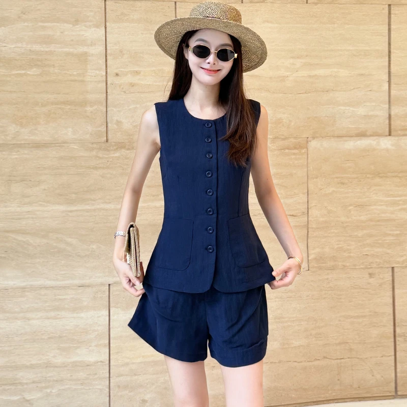 天丝醋酸亚麻小香马甲背心短裤两件套设计感修身法式纯色短裤套装
