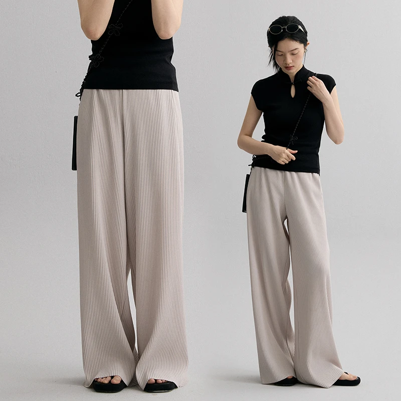 popchrio垂感压褶松紧高腰针织休闲裤阔腿直筒裤拖地长裤子女夏