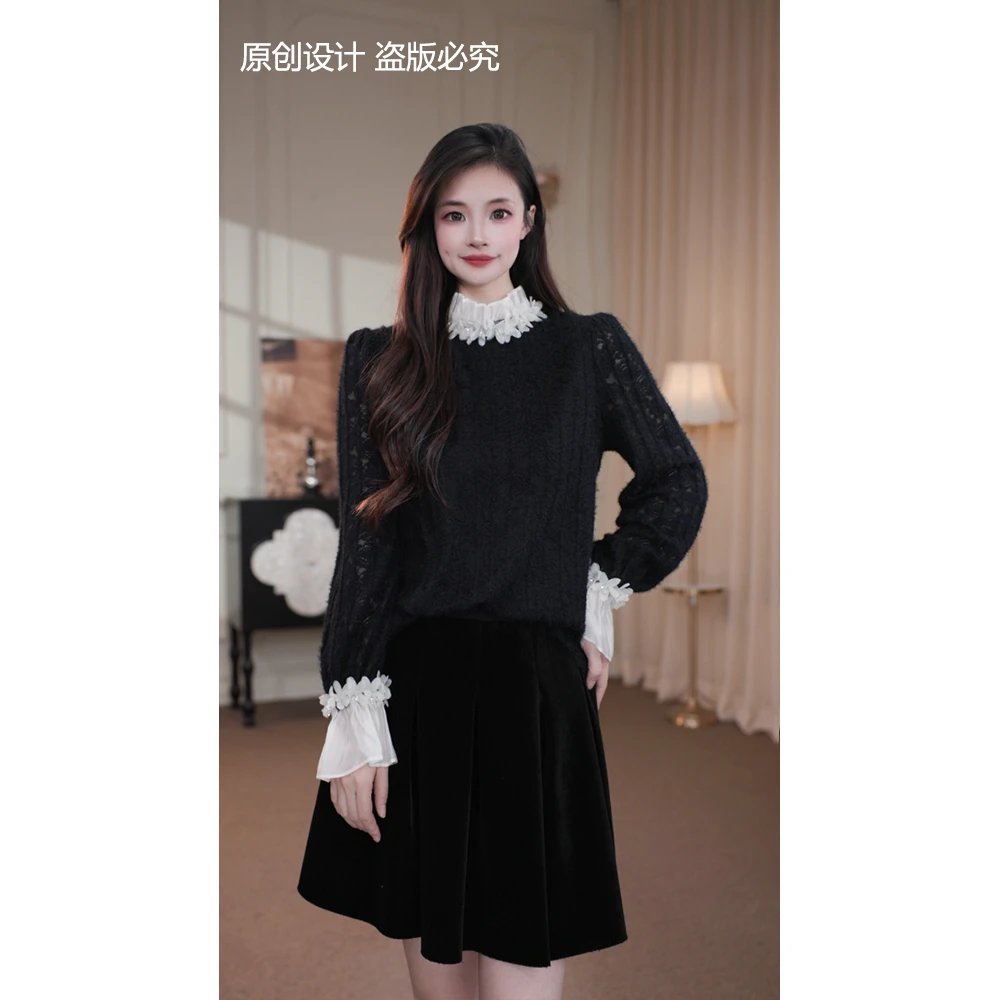 旷宁宁·香榭芭蕾·秋冬装蕾丝百搭设计感长袖小衫上衣女装-