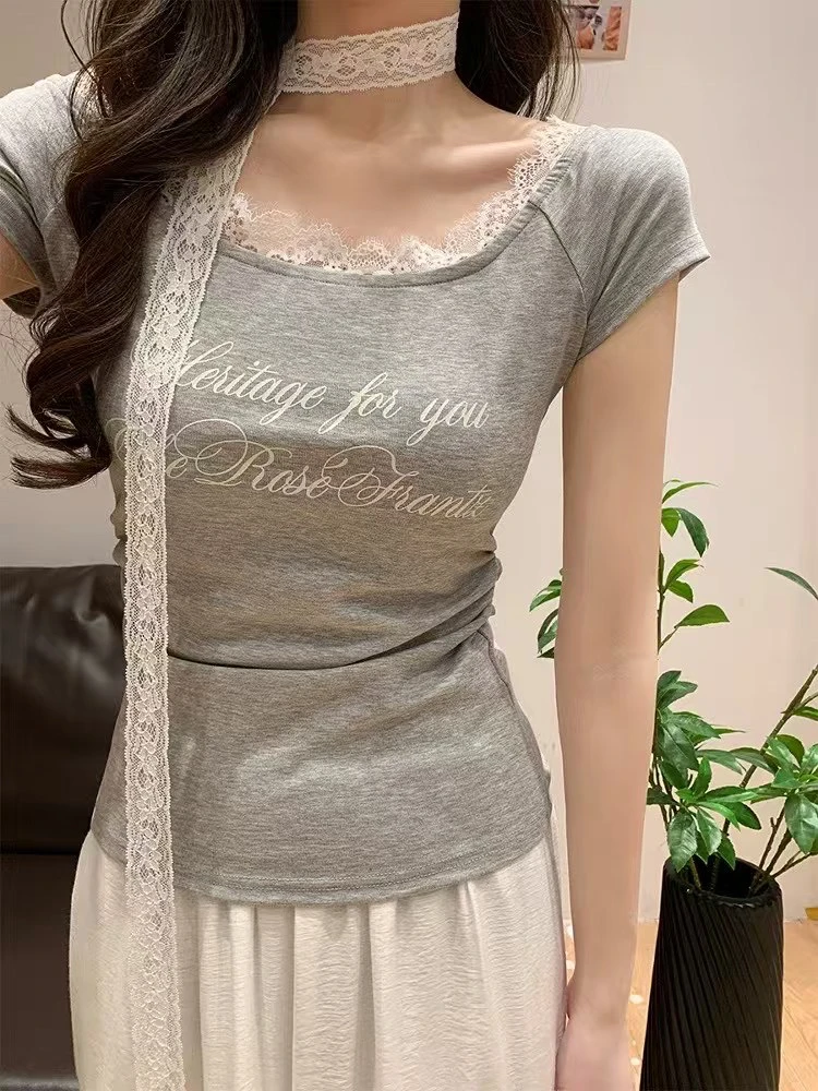 蕾丝花边甜辣风一字肩短袖T