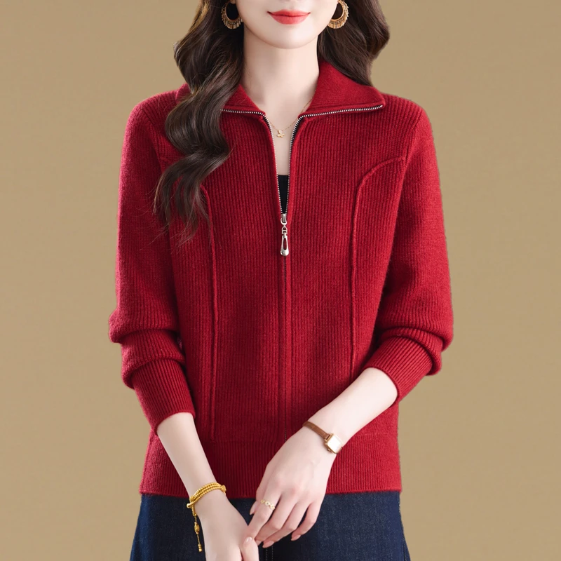 高级感气质翻领短款毛衣外套女春秋新款宽松休闲针织开衫外搭上衣