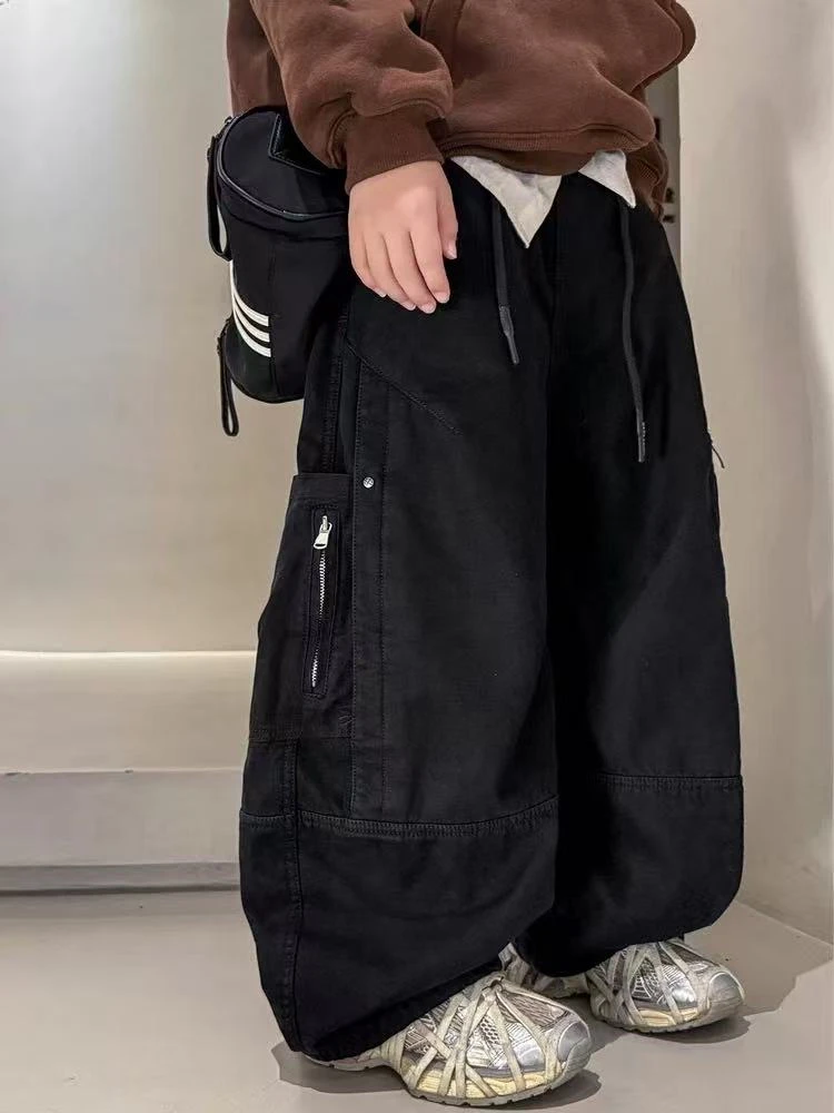 男童工装裤秋冬款2025新款大儿童装冬季一体加绒加厚直筒裤子冬装