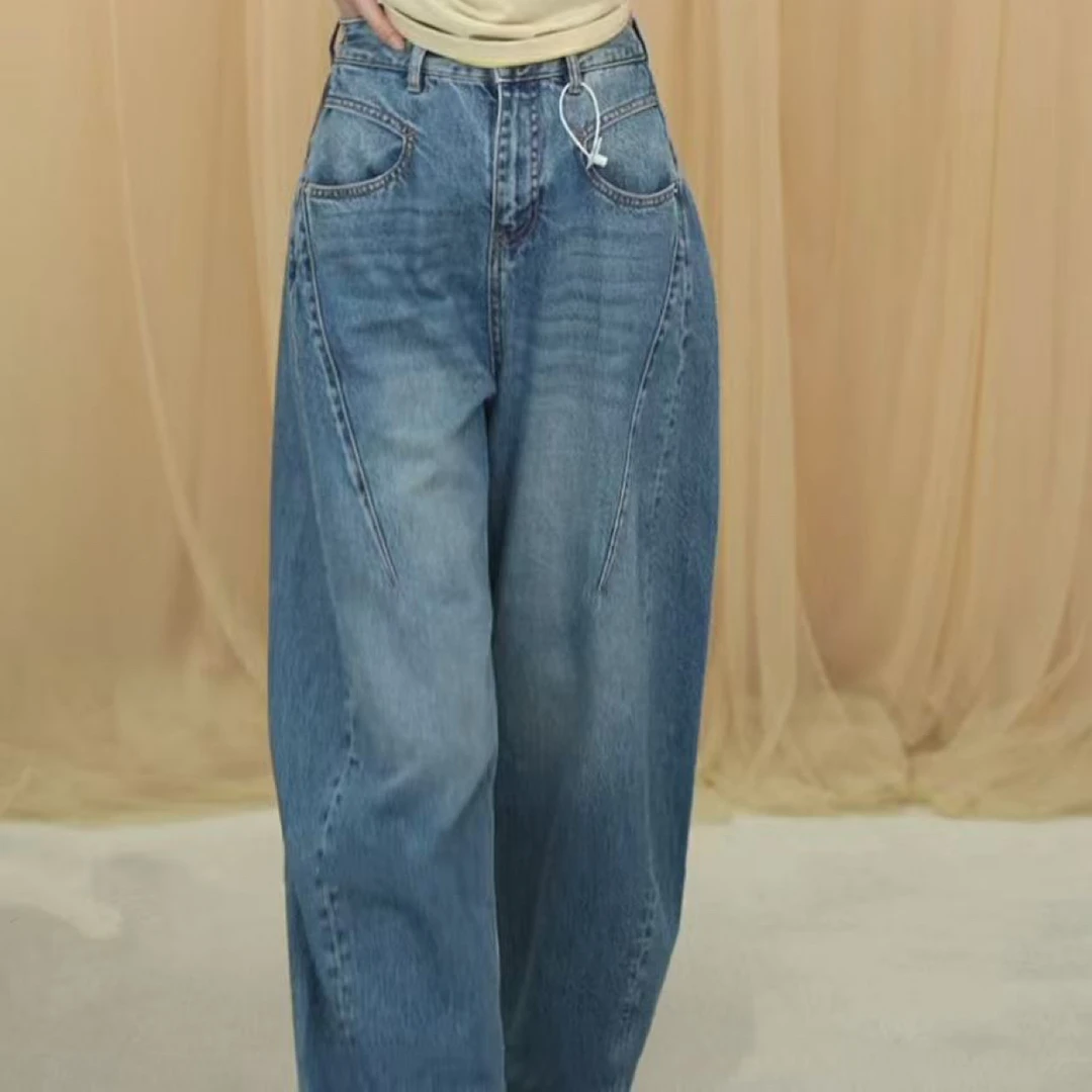 欧洲站2025秋季新款水洗复古圆弧口袋半压线牛仔裤女显瘦裤子4808