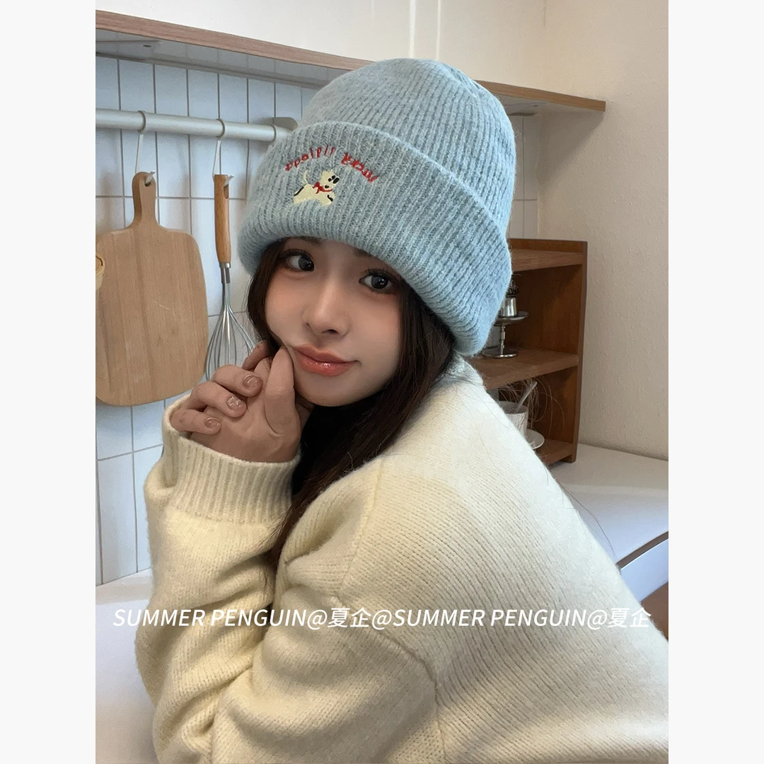 SUMMER PENGUIN开心小狗刺绣针织帽秋冬保暖防寒套头毛线帽