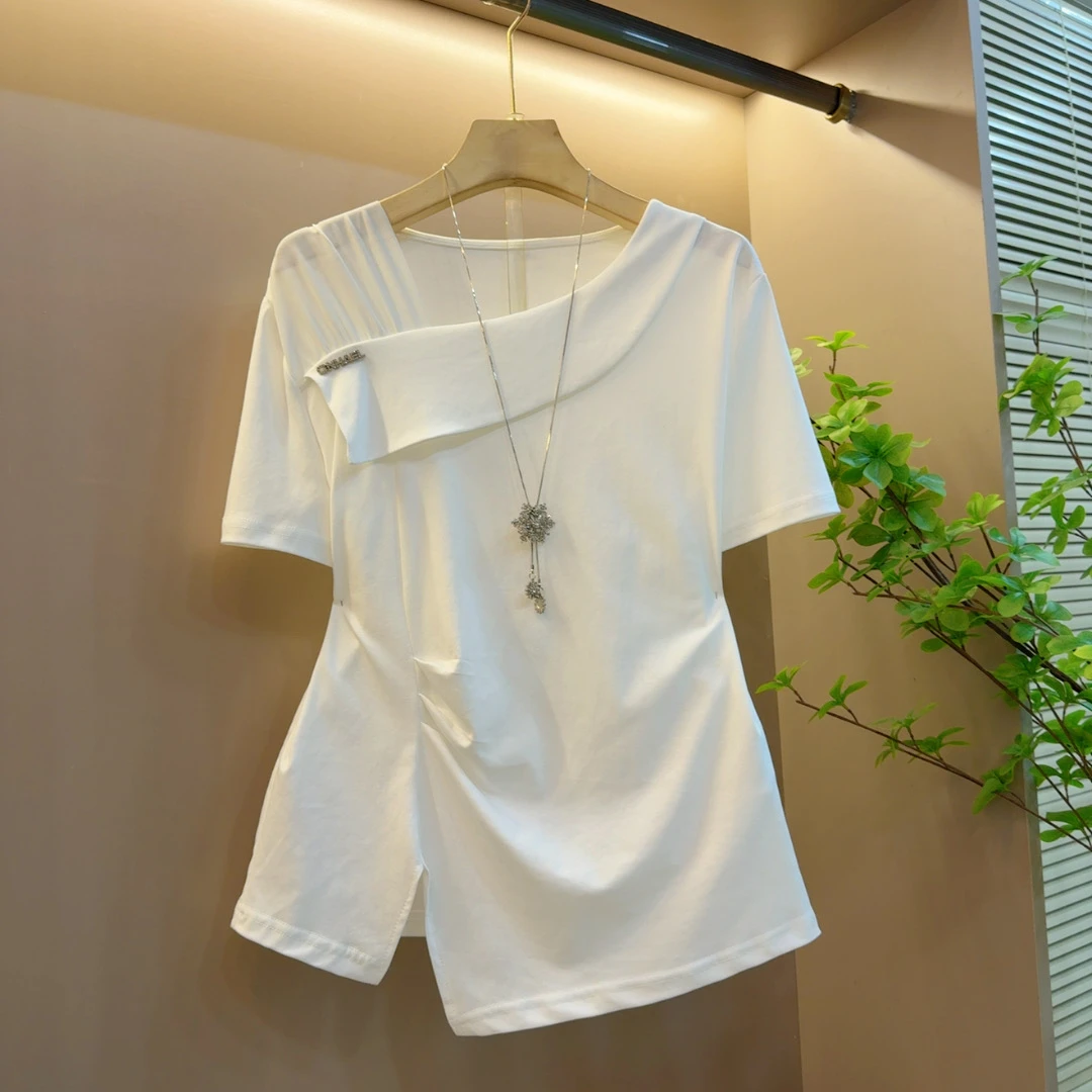 2025夏季新款百搭法式时尚不规则设计感休闲显瘦短袖上衣