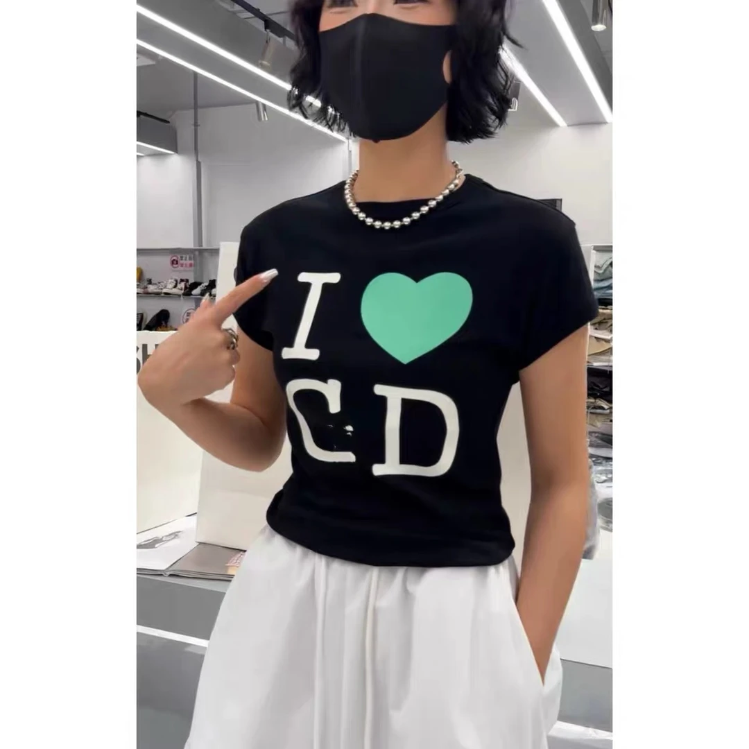 诗歌兰时尚百搭圆领短袖印花夏季常规款T恤ins轻奢风字母图案女