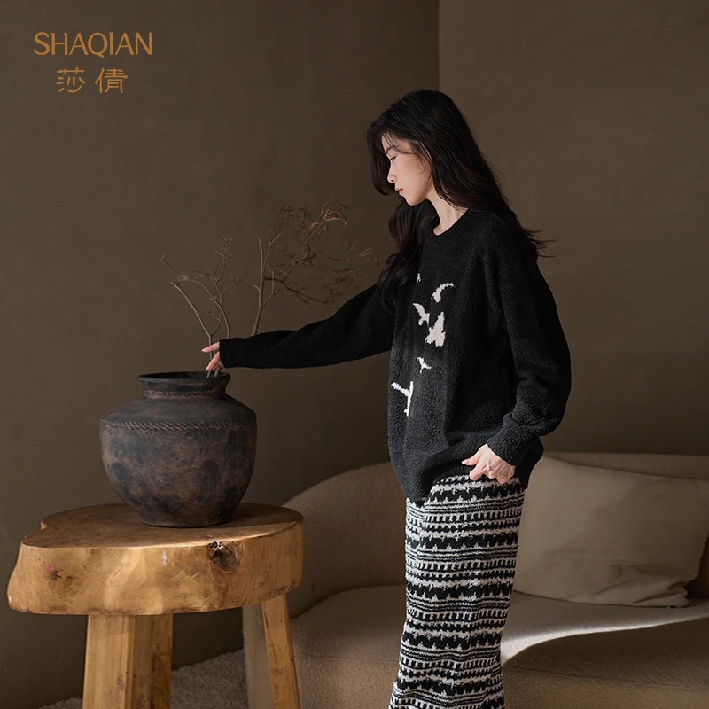 莎倩秋冬季2025年新款女半边绒睡衣套装加厚加绒珊瑚绒外穿家居服