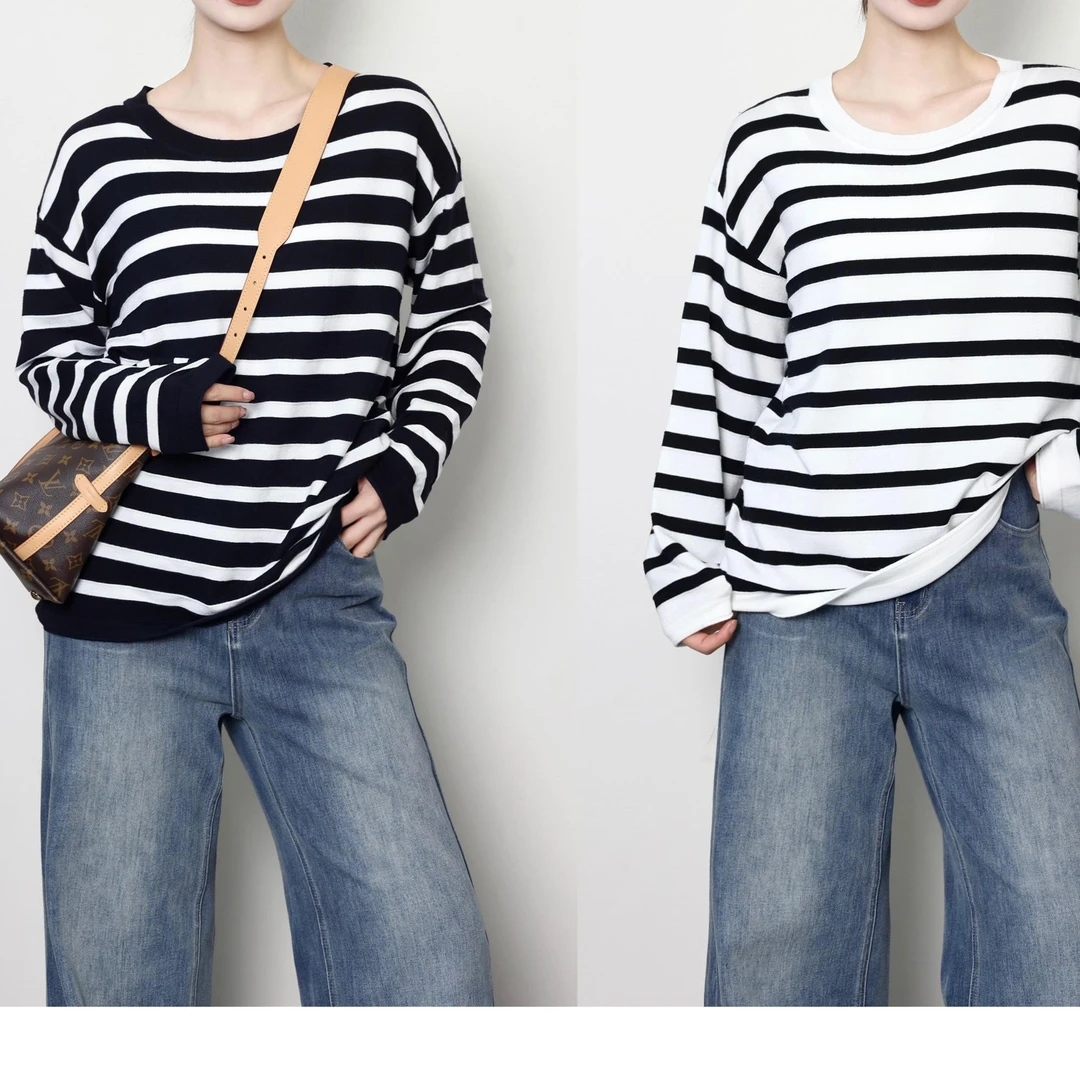 QC杨杨【单行线】微胖大码女早秋休闲上衣时尚条纹针织衫ZY407H50