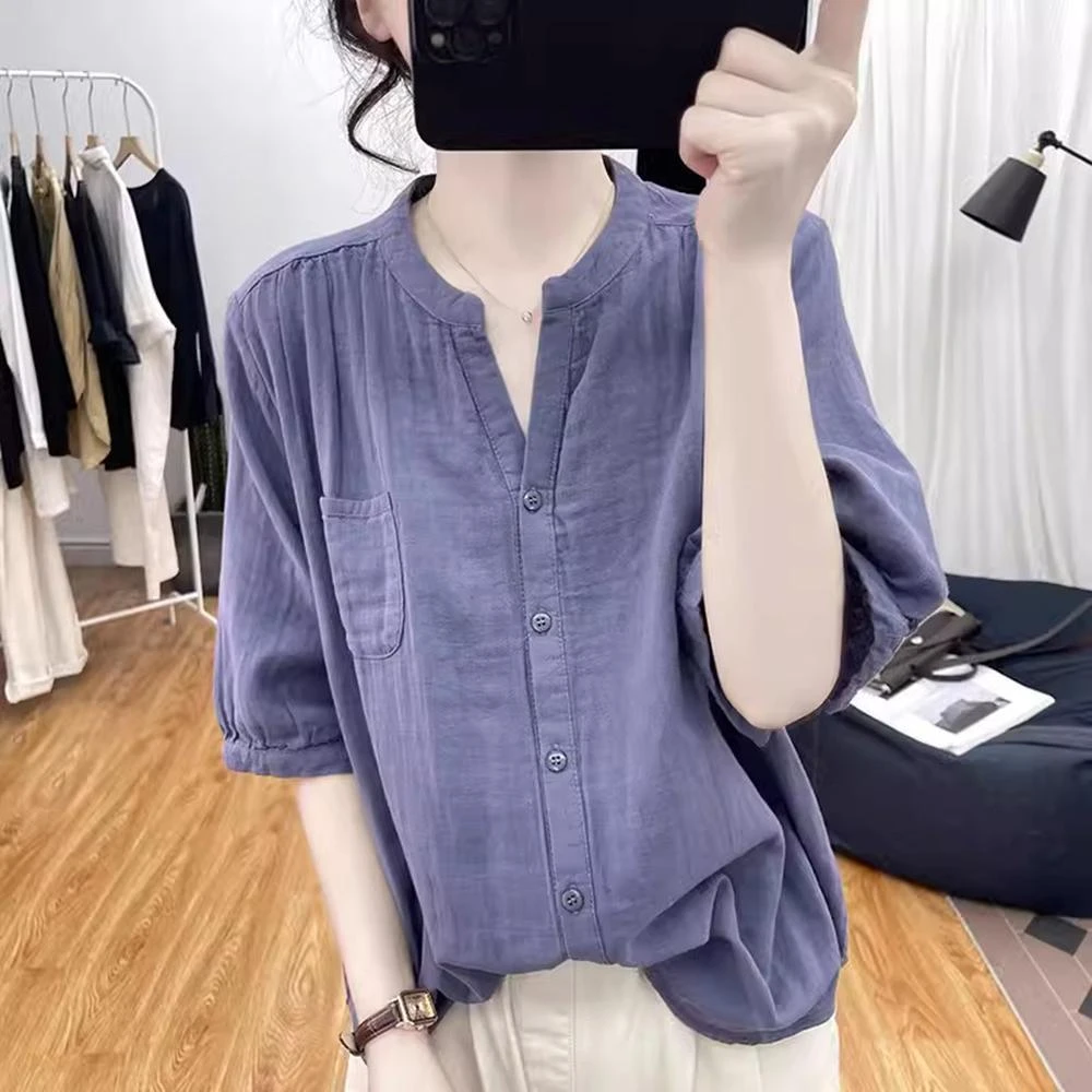 夏季新款宽松V领复古女士纯色拼接纽扣开衫减龄短袖衬衫纯棉上衣