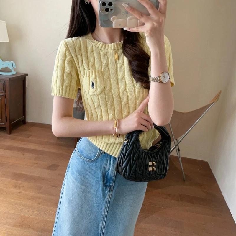 2025年时髦复古绞花小马刺绣韩版短袖针织衫小个子短款上衣女装