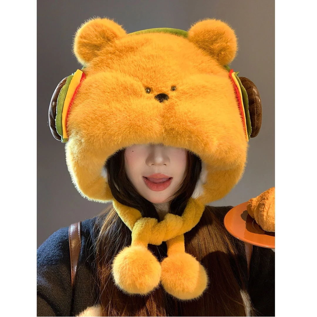 可爱汉堡小熊毛绒帽子女秋冬加绒加厚保暖大头围显脸小护耳雷锋帽