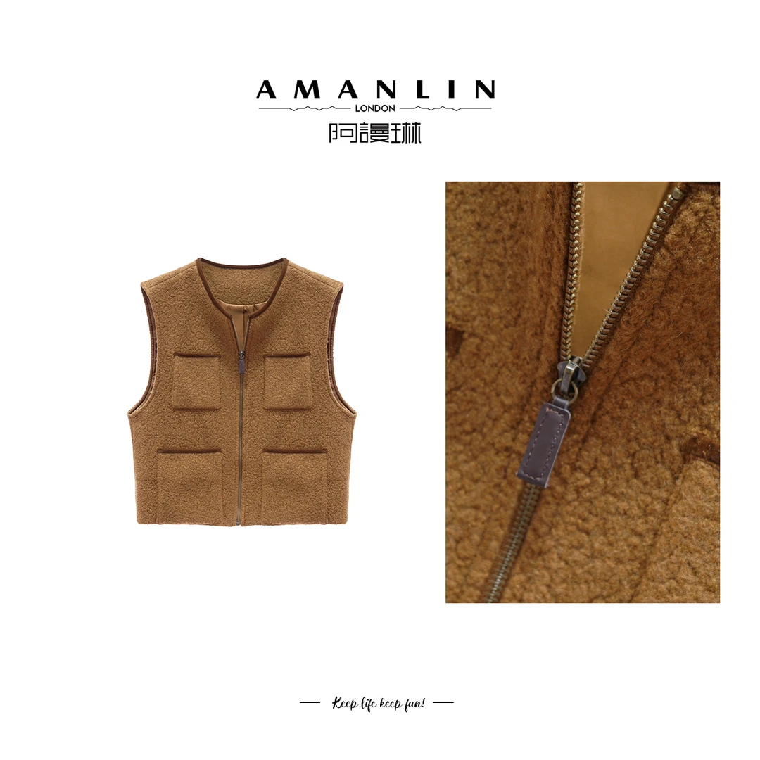 秋季显瘦圆领保暖多口袋设计感时尚气质马甲女F593993