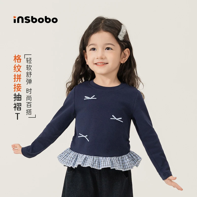 INSbobo儿童长袖假两件T恤宝宝圆领蝴蝶结装饰格子拼接T恤QY25228